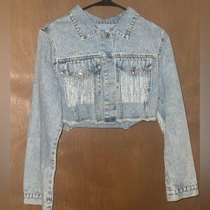 SHEIN Light Blue Denim Fringe Crop Jacket